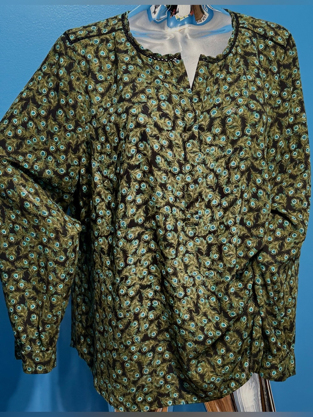 Talbots Olive Green Peacock-Print Tunic Blouse